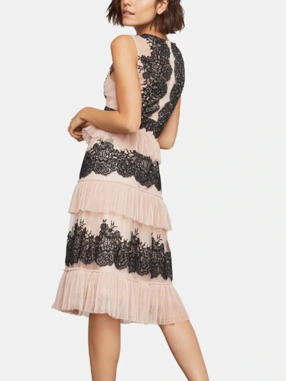 BCBGMAXAZRIA Blush Pink Pleated tulle Dress with Black Lace Trim - Picture 4 of 6